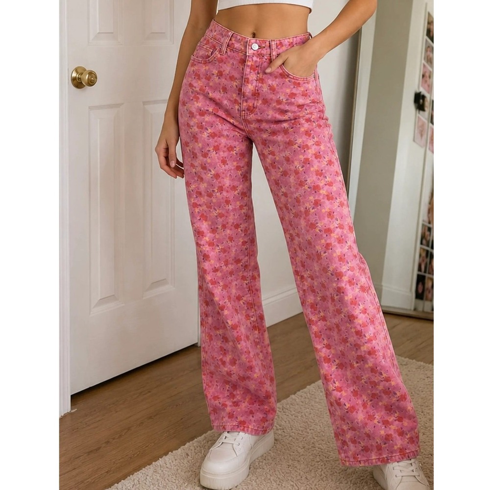 Urban‎ Outfitters BDG High Rise Flare Pink Floral Print Denim Jeans